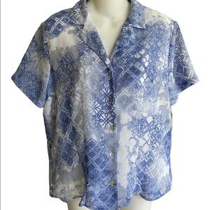 NWT Alfred Dunner 10 Short Sleeve Button Down Blouse Blue White Never Better